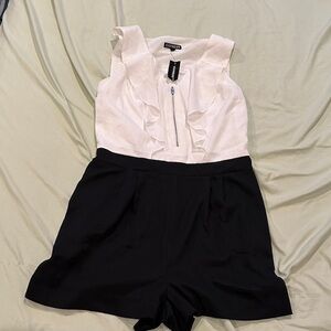Express White Ruffle Zip-Front Romper with Black Shorts